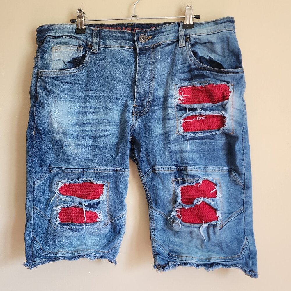 Rogue American Men's Rare Jean Shorts Distressed With Red Patches Size 34